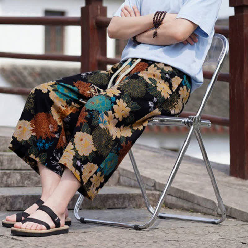 Buddha Stones Summer Boho Vintage Drawstring Floral Capri Pants Men's Straight Leg Pants With Pocket - image 6