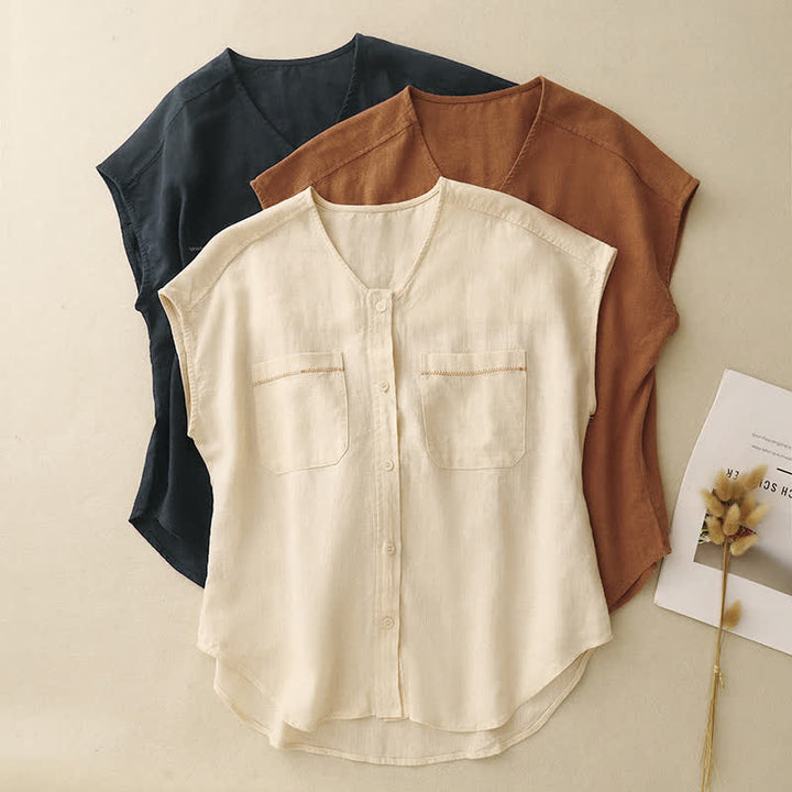 Buddha Stones Summer Casual Minimalist Button-Up Patch Pocket Solid Women's Sleeveless Shirts Tank Top With Pocket - image 20