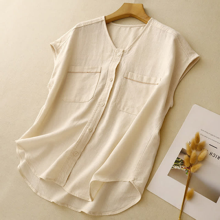 Buddha Stones Summer Casual Minimalist Button-Up Patch Pocket Solid Women's Sleeveless Shirts Tank Top With Pocket - image 2