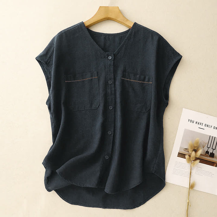 Buddha Stones Summer Casual Minimalist Button-Up Patch Pocket Solid Women's Sleeveless Shirts Tank Top With Pocket - MidnightBlue - US8-10, UK/AU12-14, EU40-42 (2XL) - image 8