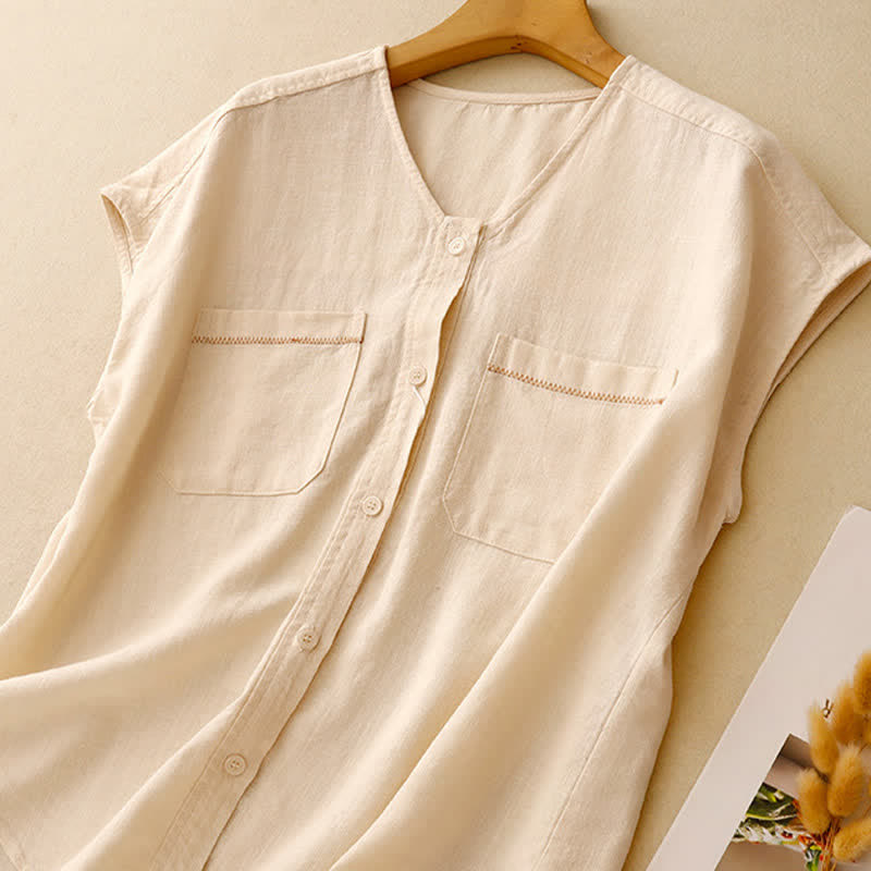 Buddha Stones Summer Casual Minimalist Button-Up Patch Pocket Solid Women's Sleeveless Shirts Tank Top With Pocket - image 4