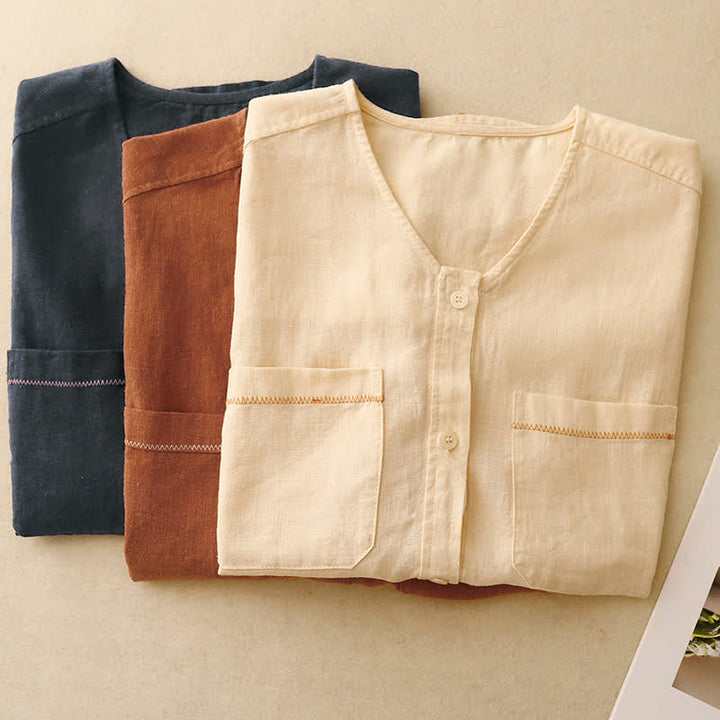 Buddha Stones Summer Casual Minimalist Button-Up Patch Pocket Solid Women's Sleeveless Shirts Tank Top With Pocket - image 21