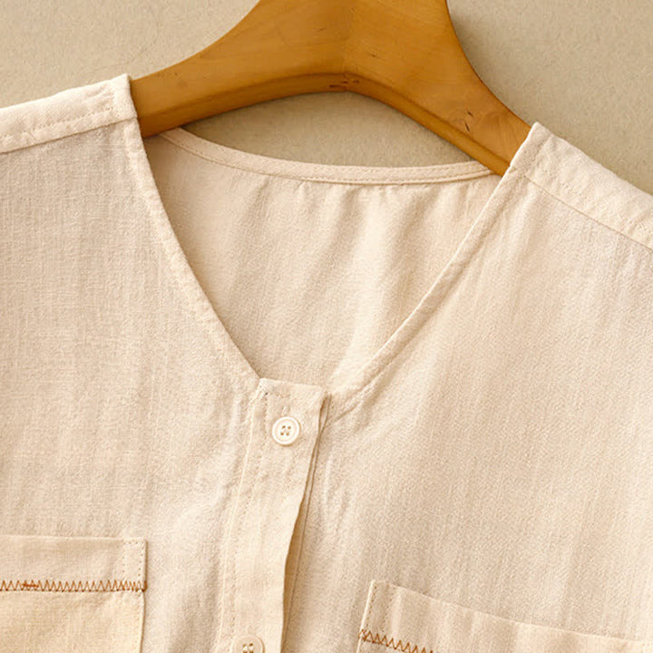 Buddha Stones Summer Casual Minimalist Button-Up Patch Pocket Solid Women's Sleeveless Shirts Tank Top With Pocket - image 3