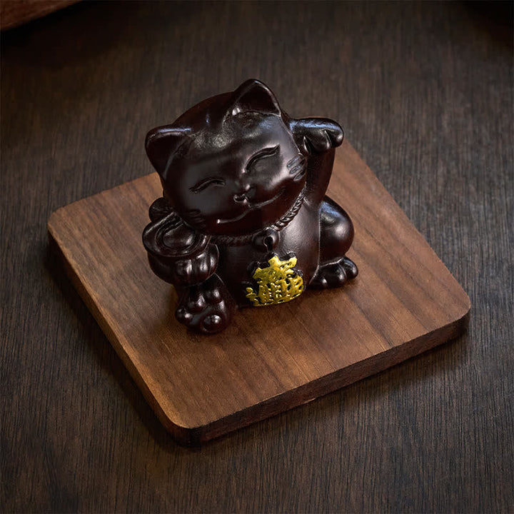 Buddha Stones Attract Wealth Lucky Cat Ebony Wood Carved Blessing Decoration - image 6
