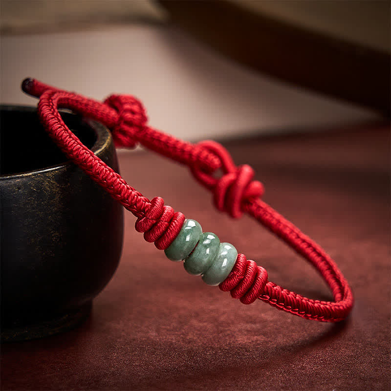 Buddha Stones Handmade Red String Jade Protection Braided Sliding Knot Bracelet - image 1