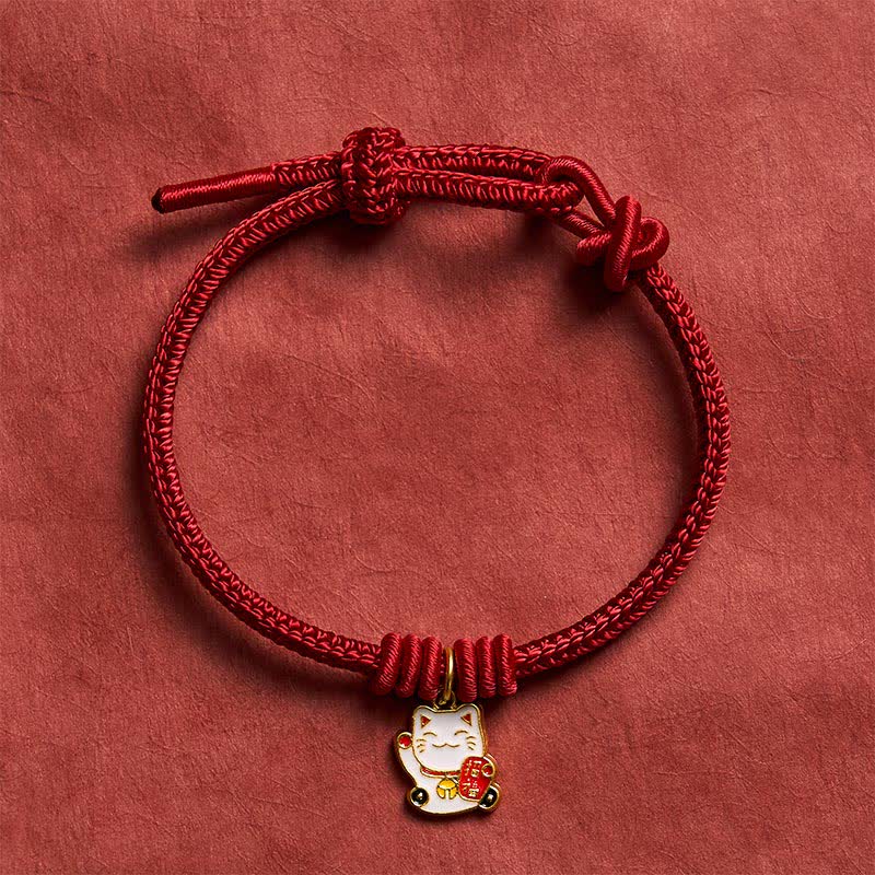 Buddha Stones Handmade Braided Red String Lucky Cat Bringing Good Fortune Fu Character Adjustable Bracelet - image 1