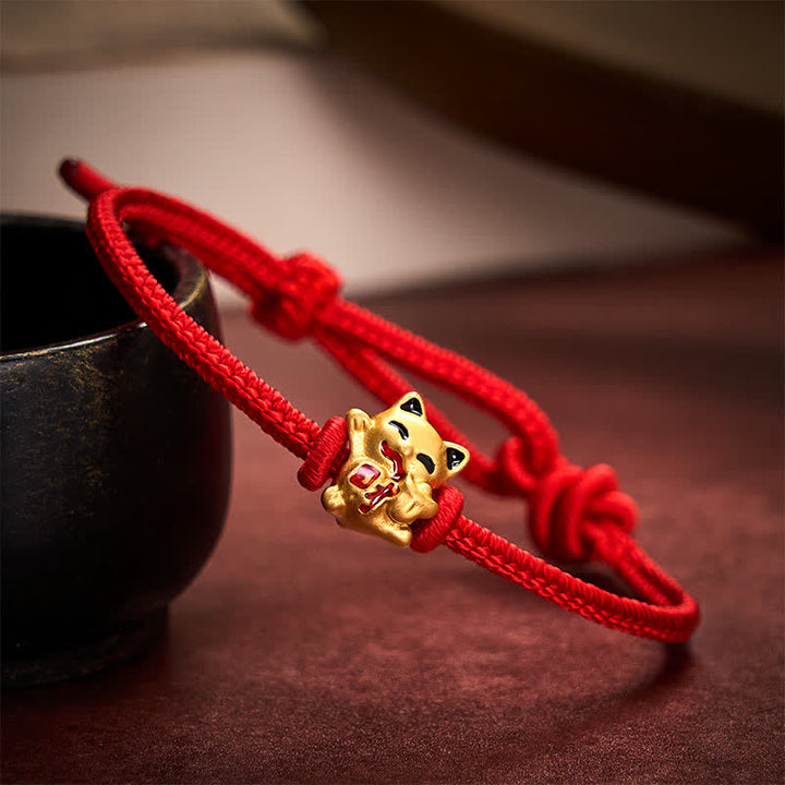 Buddha Stones Handmade Braided Red String Golden Lucky Cat Fortune Adjustable Bracelet - image 3