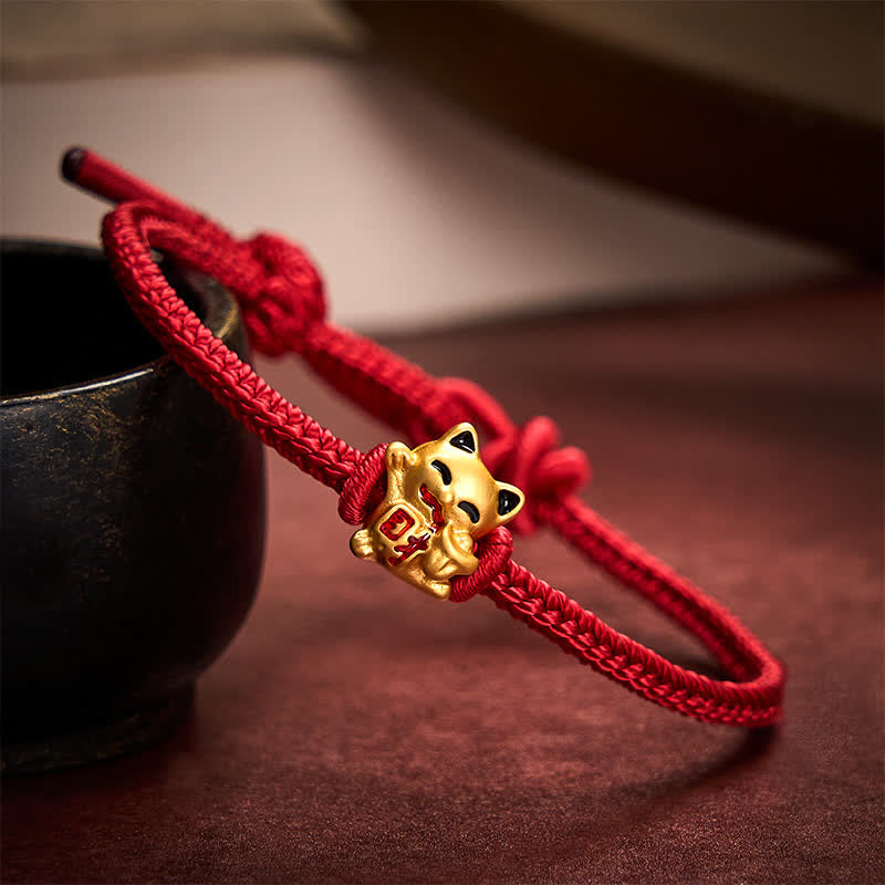 Buddha Stones Handmade Braided Red String Golden Lucky Cat Fortune Adjustable Bracelet - Dark Red - 5.91-7.48 in (15-19cm) - image 6