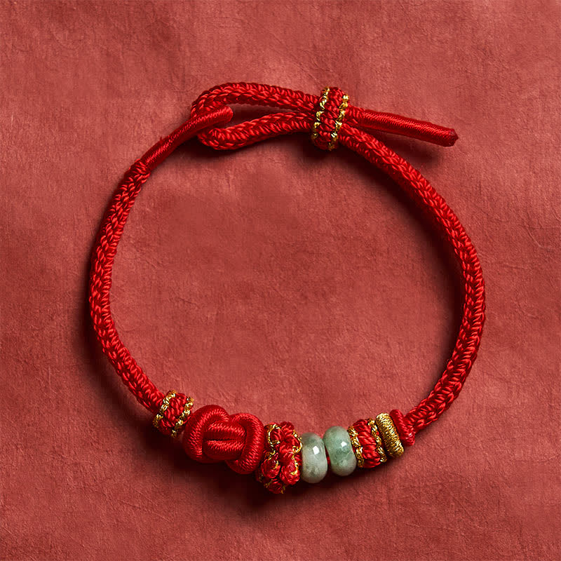 Buddha Stones Chinese Knotting Luck Jade Hand-Woven Adjustable Bracelet - Red - 15-19cm - image 0