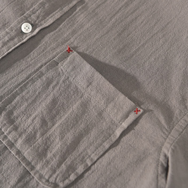 Buddha Stones Summer Casual Minimalist Button-Up Solid Cotton Linen Men's Short Sleeve Shirts With Pocket - image 1