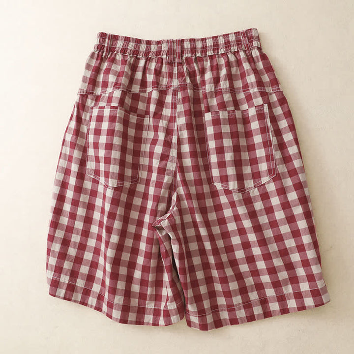 Buddha Stones Summer Casual Vintage Button Red Plaid Zipper Design Women's Shorts With Pockets - image 1