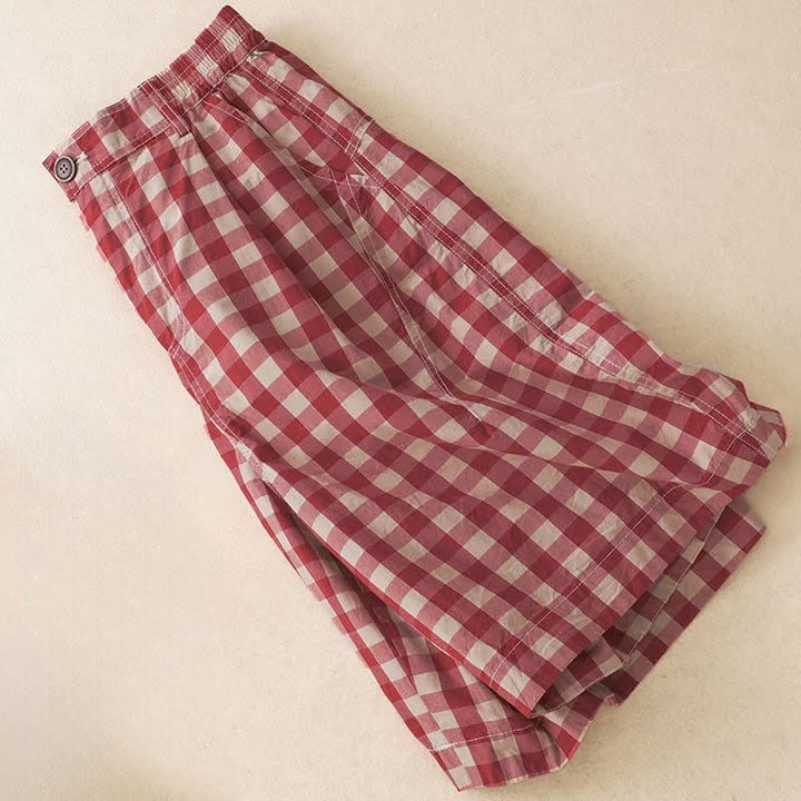 Buddha Stones Summer Casual Vintage Button Red Plaid Zipper Design Women's Shorts With Pockets - image 2