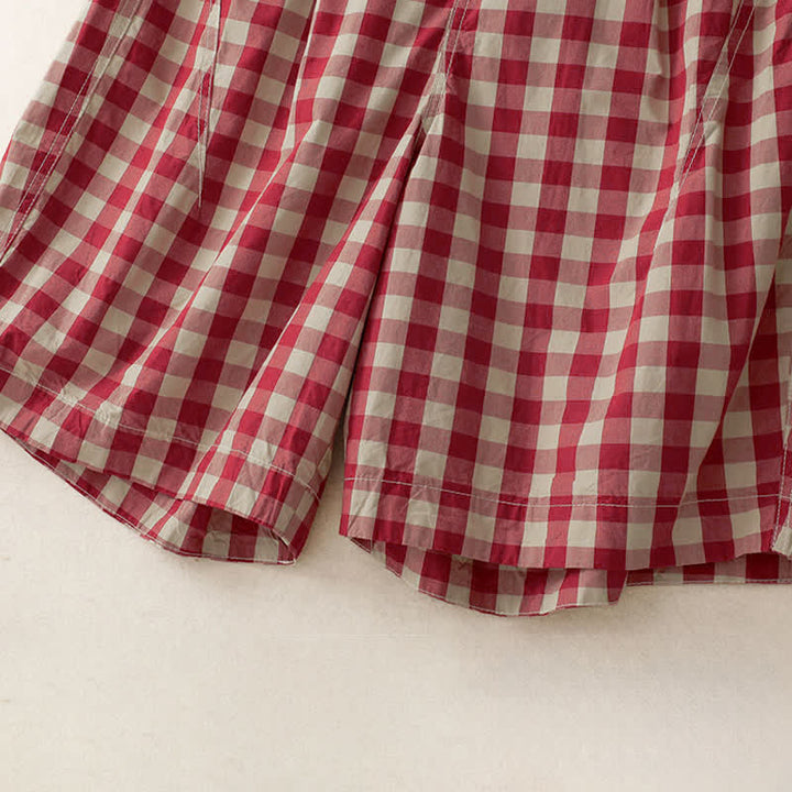Buddha Stones Summer Casual Vintage Button Red Plaid Zipper Design Women's Shorts With Pockets - image 7