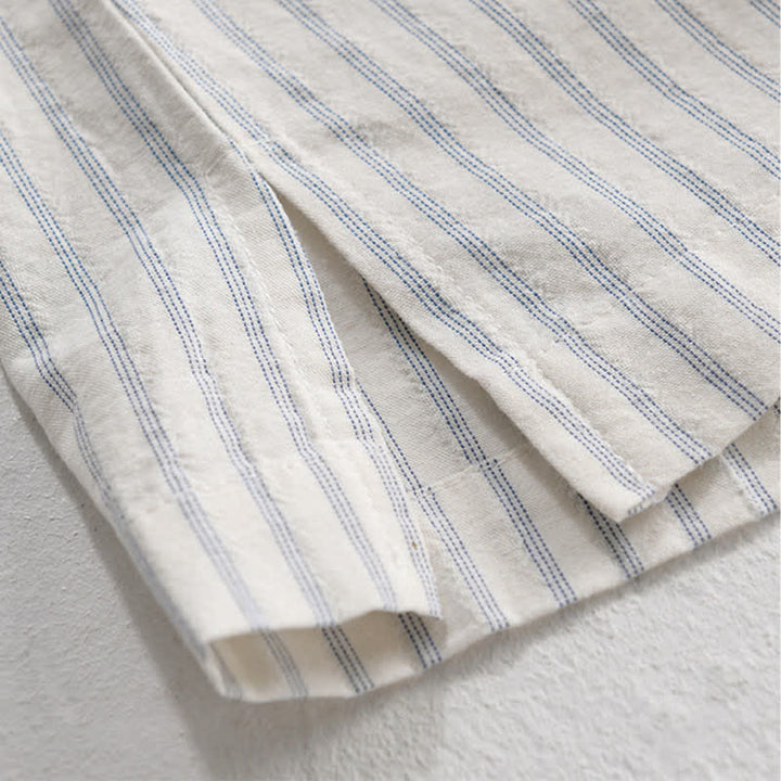 Buddha Stones Summer Casual Minimalist Half Button Striped Cotton Men's Short Sleeve Shirts - image 7