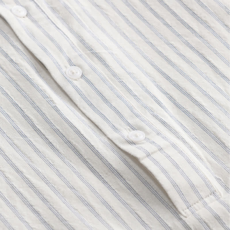 Buddha Stones Summer Casual Minimalist Half Button Striped Cotton Men's Short Sleeve Shirts - image 5