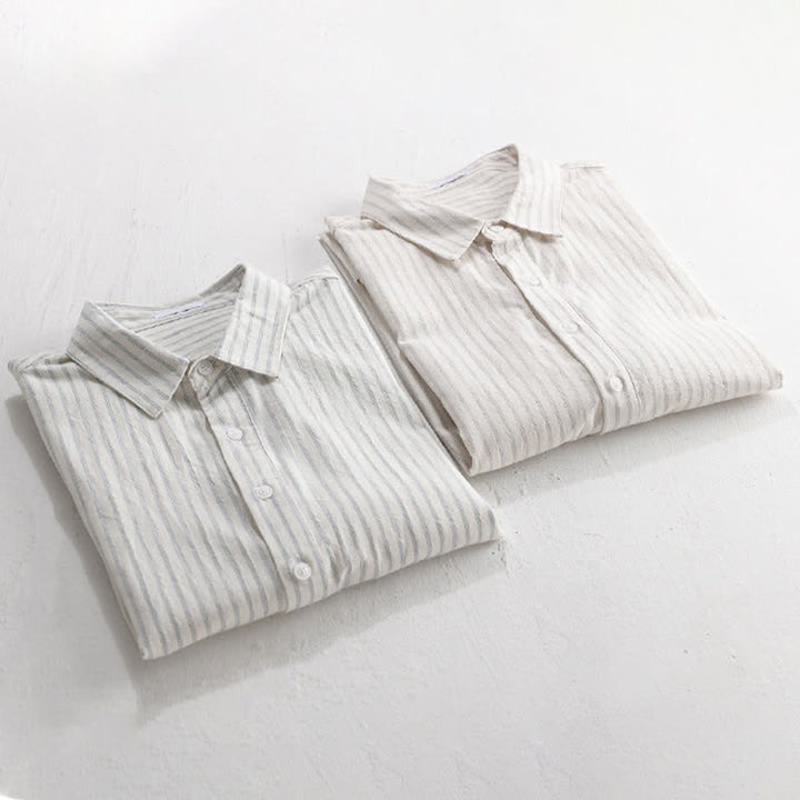 Buddha Stones Summer Casual Minimalist Half Button Striped Cotton Men's Short Sleeve Shirts - image 13
