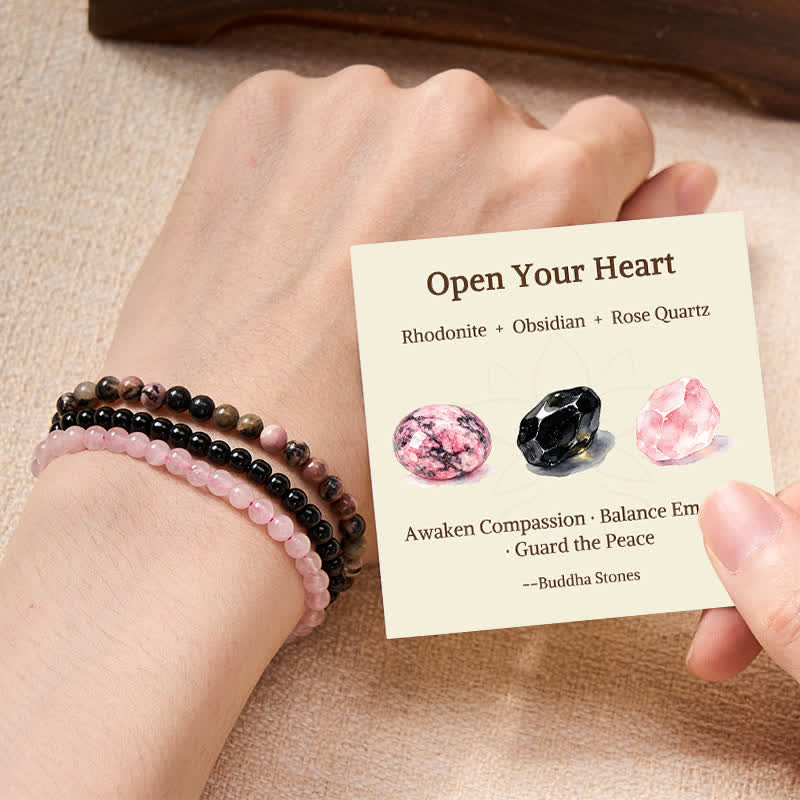 Buddha Stones 3pcs "Open Your Heart" Rhodonite Healing Bracelet Includes Gift Message Card - 6mm - image 0