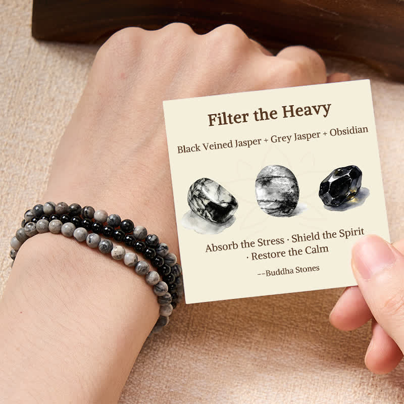 Buddha Stones 3pcs "Filter the Heavy" Black Veined Strength Bracelet Includes Gift Message Card - 4mm - image 0
