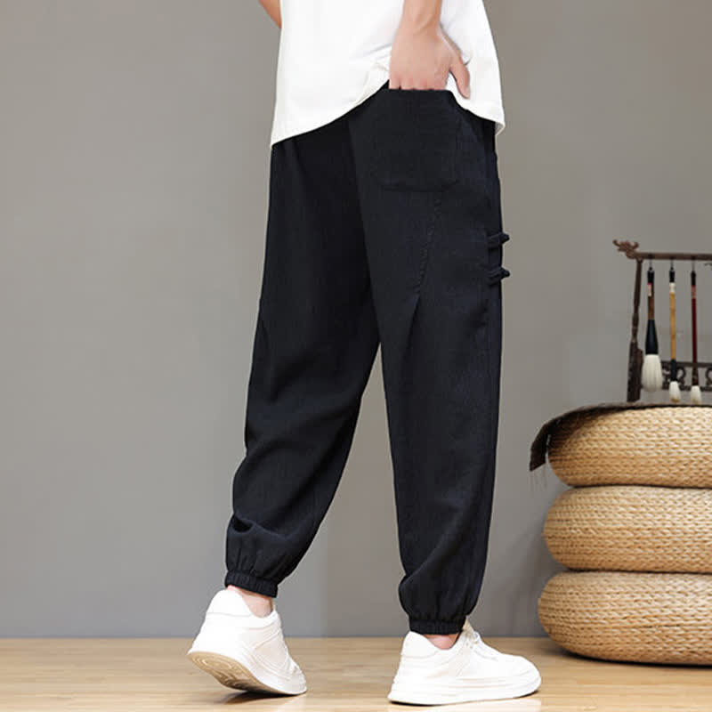 Buddha Stones Summer Casual Tang Style Solid Cropped Pants Men's Harem Pants With Pockets - image 11