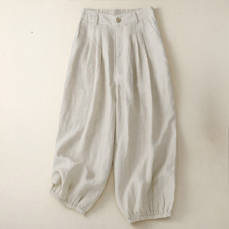 Buddha Stones Summer Casual Minimalist Button-Up Solid Capri Pants Women's Harem Pants With Pocket - Linen - US8-10，UK/AU12-14，EU40-42 (2XL) - image 0