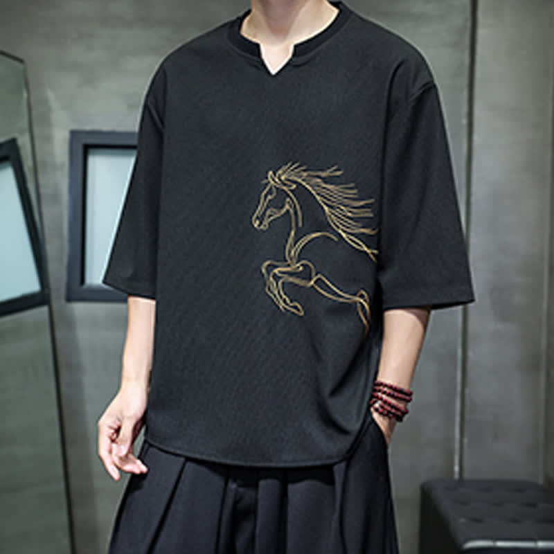 Buddha Stones Summer Casual Minimalist Embroidery Horse Cotton Men's Short Sleeve T-Shirts - image 14