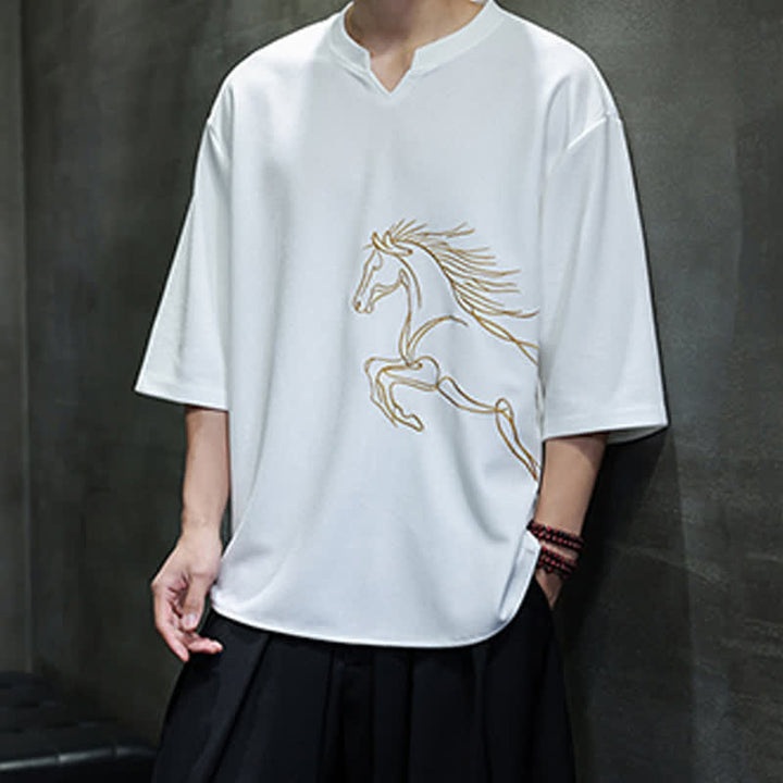Buddha Stones Summer Casual Minimalist Embroidery Horse Cotton Men's Short Sleeve T-Shirts - image 7
