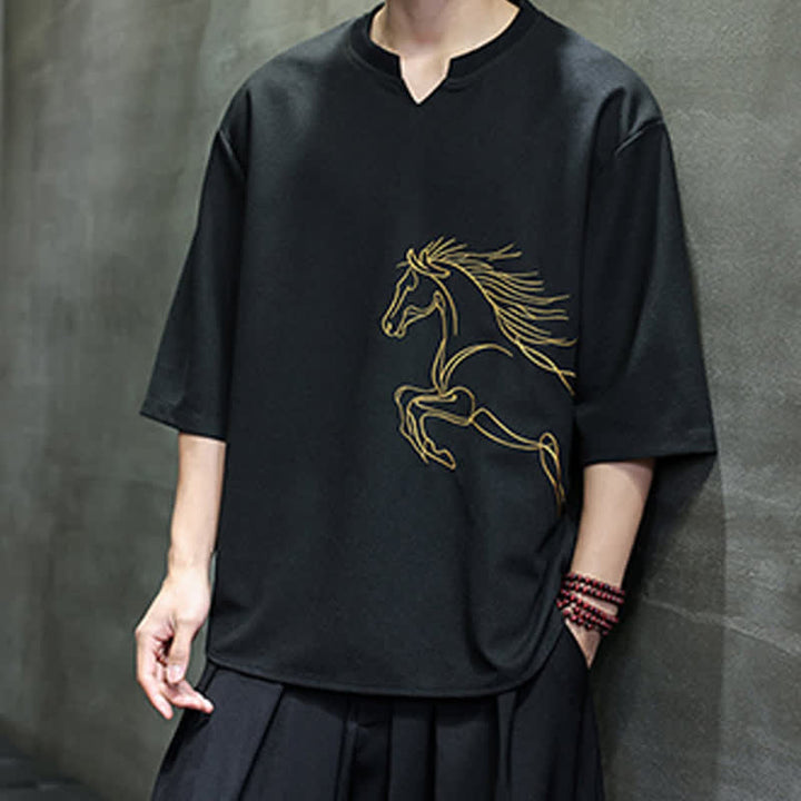 Buddha Stones Summer Casual Minimalist Embroidery Horse Cotton Men's Short Sleeve T-Shirts - image 12