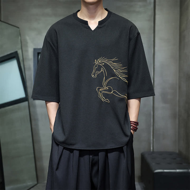 Buddha Stones Summer Casual Minimalist Embroidery Horse Cotton Men's Short Sleeve T-Shirts - Black - US/UK/AU46，EU56 (5XL) - image 8