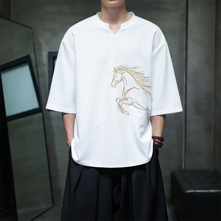 Buddha Stones Summer Casual Minimalist Embroidery Horse Cotton Men's Short Sleeve T-Shirts - White - US/UK/AU46，EU56 (5XL) - image 0