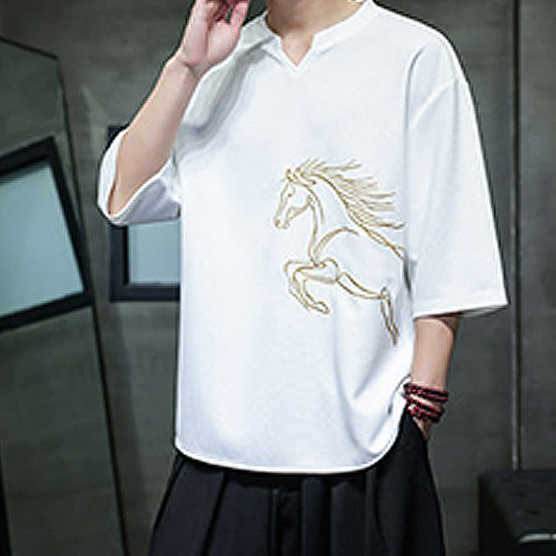 Buddha Stones Summer Casual Minimalist Embroidery Horse Cotton Men's Short Sleeve T-Shirts - image 6