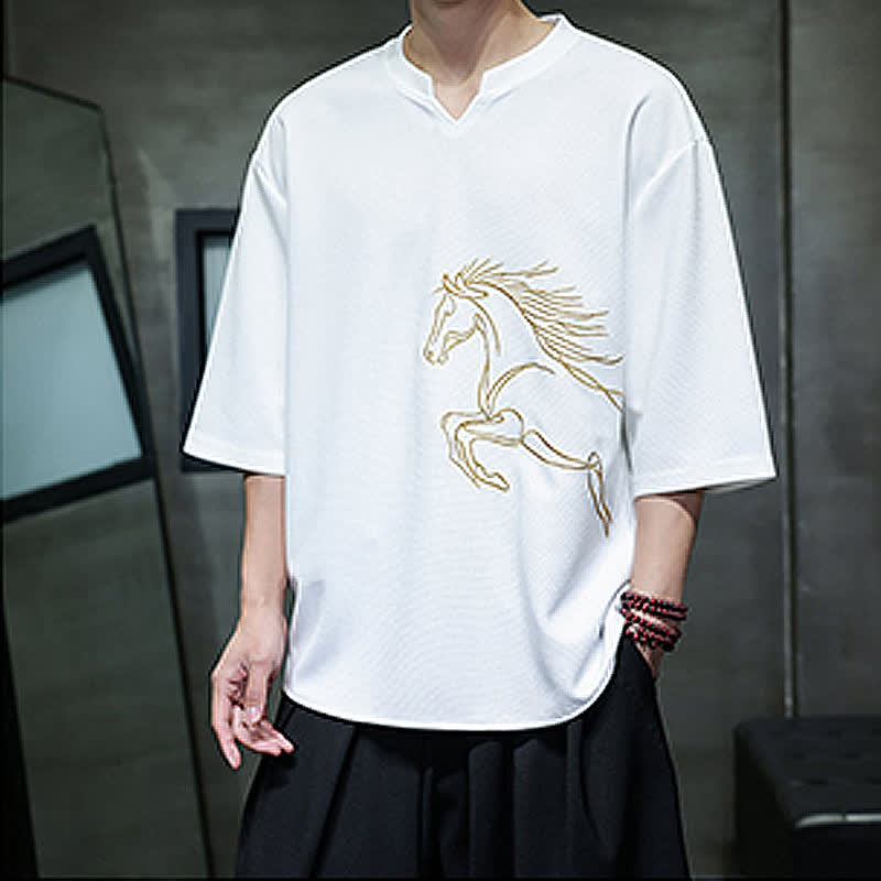 Buddha Stones Summer Casual Minimalist Embroidery Horse Cotton Men's Short Sleeve T-Shirts - image 5