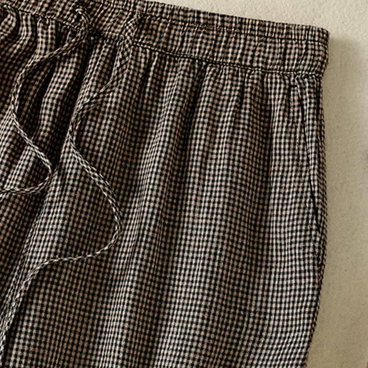 Buddha Stones Summer Casual Drawstring Plaid Linen Ankle Pants Women's Wide Leg Pants With Pocket - image 7