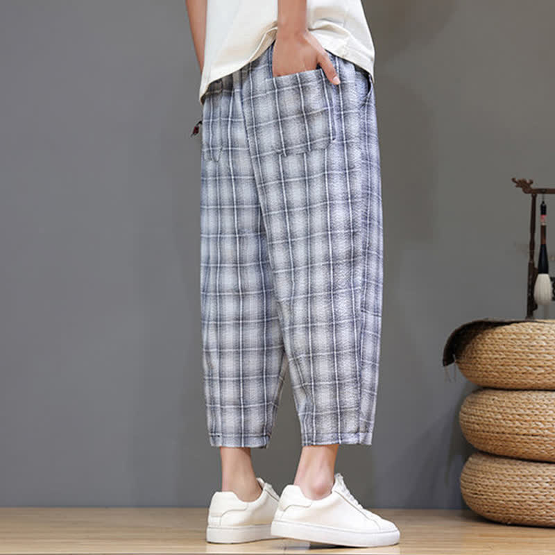 Buddha Stones Summer Casual Drawstring Plaid Capri Pants Men's Harem Pants With Pockets - image 2