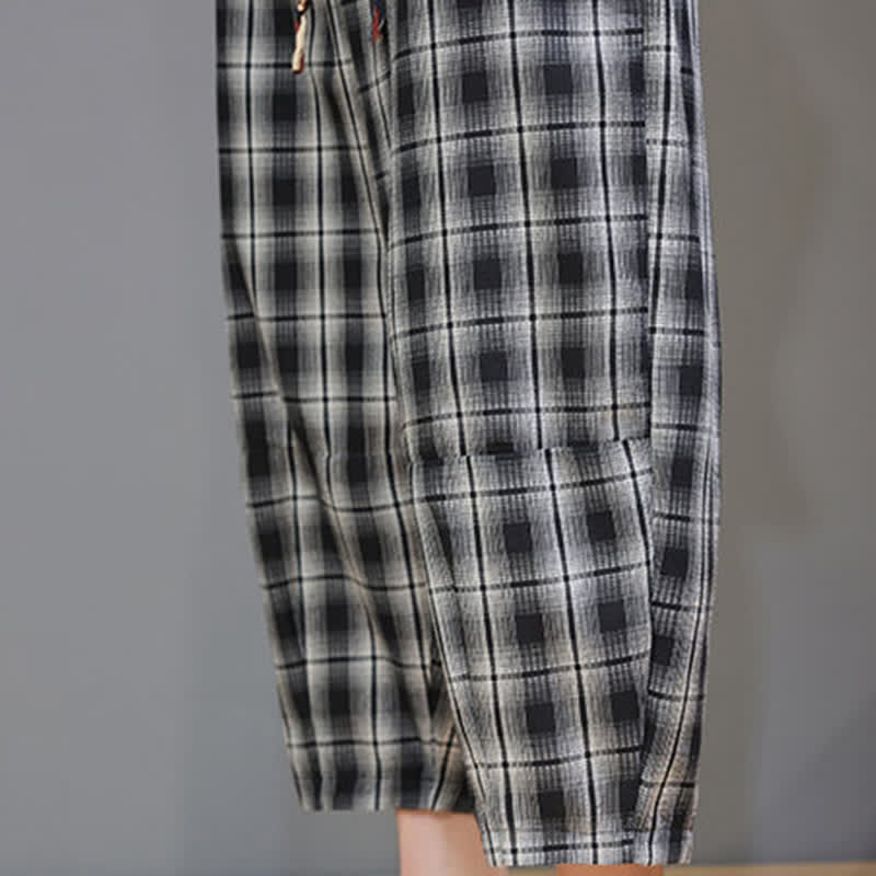 Buddha Stones Summer Casual Drawstring Plaid Capri Pants Men's Harem Pants With Pockets - image 19