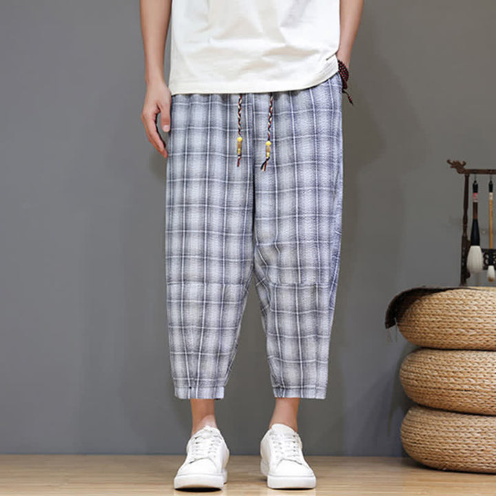 Buddha Stones Summer Casual Drawstring Plaid Capri Pants Men's Harem Pants With Pockets - image 6