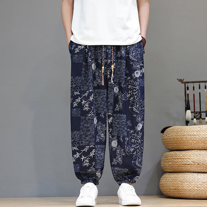 Buddha Stones Summer Casual Boho Drawstring Geometric Elephant Leaves Cropped Pants Men's Harem Pants With Pockets - image 2