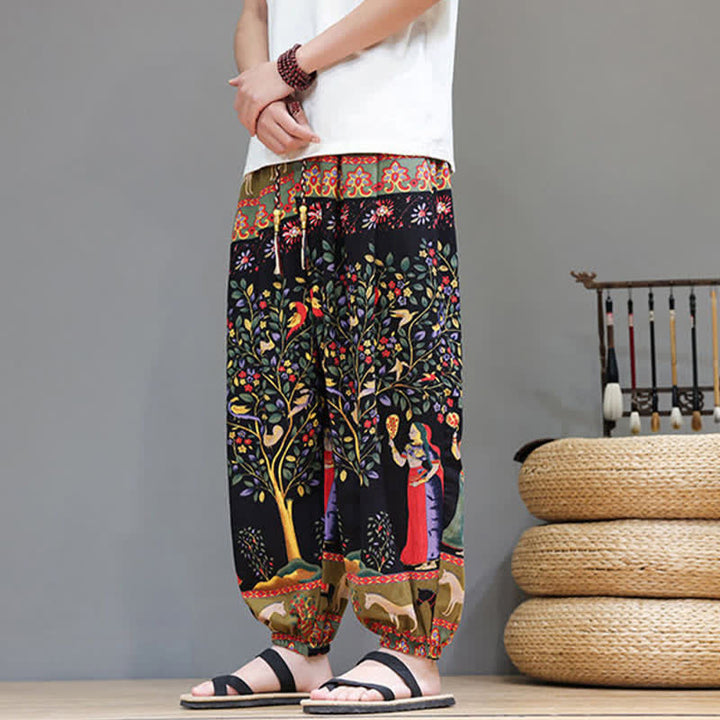Buddha Stones Summer Casual Boho Drawstring Geometric Elephant Leaves Cropped Pants Men's Harem Pants With Pockets - image 35