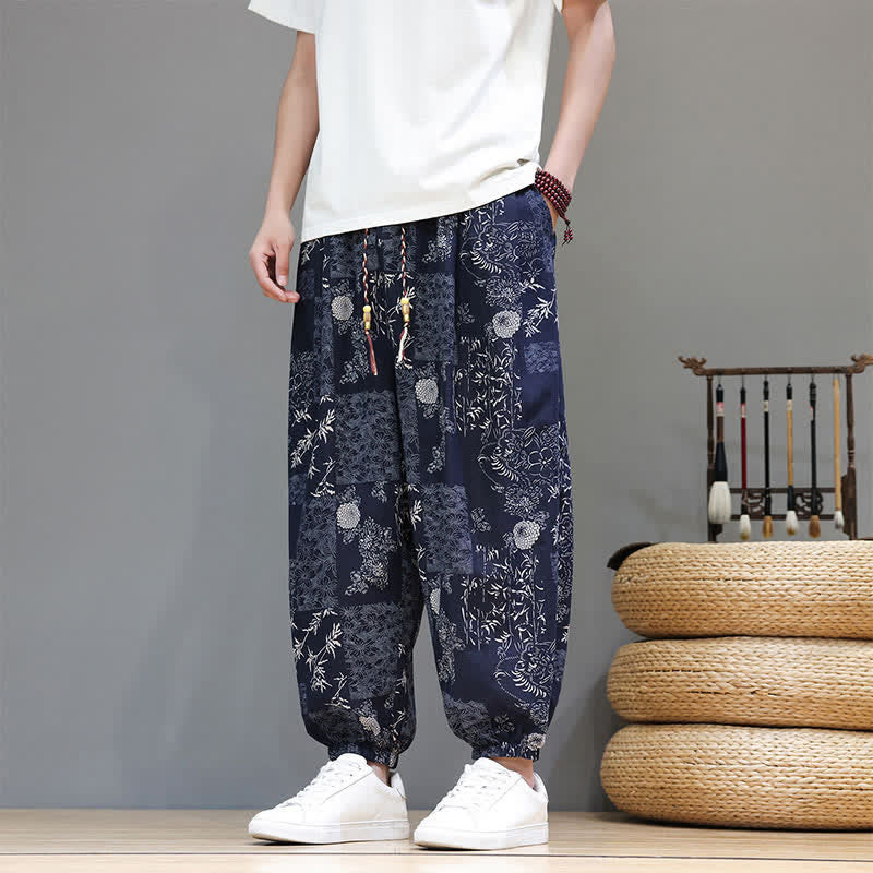 Buddha Stones Summer Casual Boho Drawstring Geometric Elephant Leaves Cropped Pants Men's Harem Pants With Pockets - image 1
