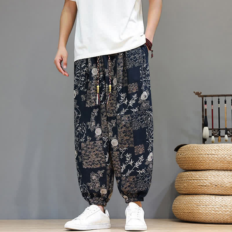 Buddha Stones Summer Casual Boho Drawstring Geometric Elephant Leaves Cropped Pants Men's Harem Pants With Pockets - image 13