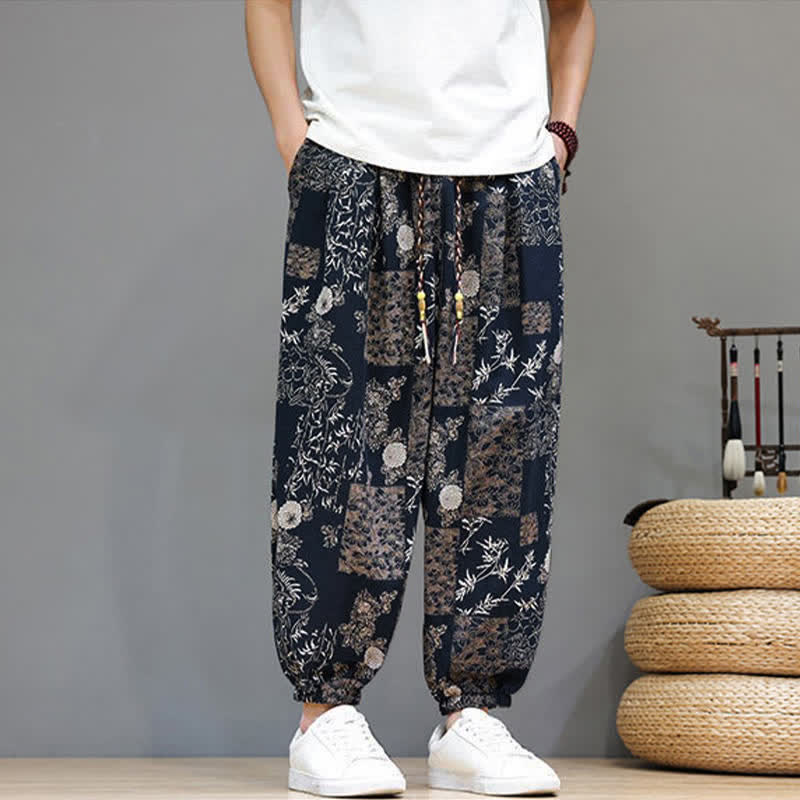 Buddha Stones Summer Casual Boho Drawstring Geometric Elephant Leaves Cropped Pants Men's Harem Pants With Pockets - image 12