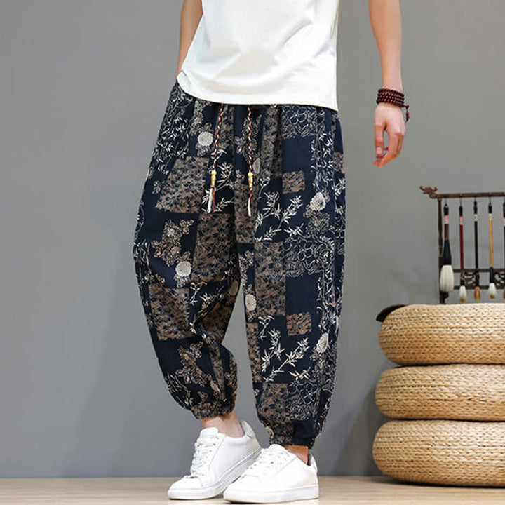 Buddha Stones Summer Casual Boho Drawstring Geometric Elephant Leaves Cropped Pants Men's Harem Pants With Pockets - image 14
