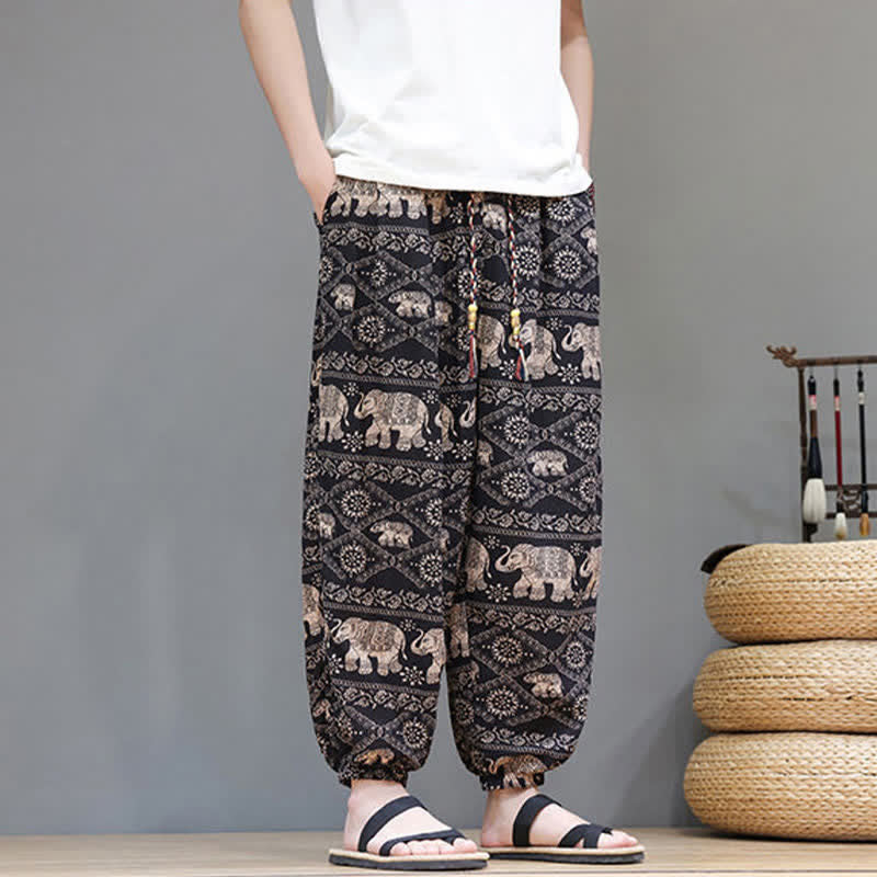 Buddha Stones Summer Casual Boho Drawstring Geometric Elephant Leaves Cropped Pants Men's Harem Pants With Pockets - image 22