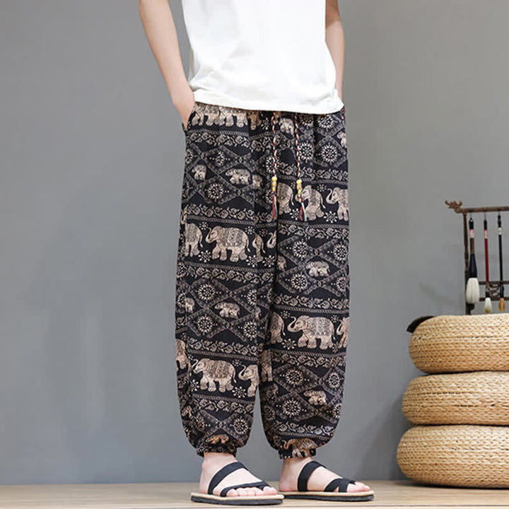Buddha Stones Summer Casual Boho Drawstring Geometric Elephant Leaves Cropped Pants Men's Harem Pants With Pockets - image 22