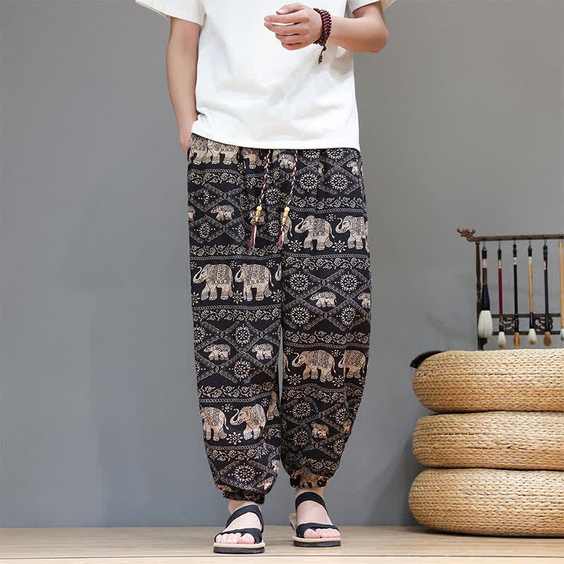 Buddha Stones Summer Casual Boho Drawstring Geometric Elephant Leaves Cropped Pants Men's Harem Pants With Pockets - SaddleBrown - US/UK/AU46, EU56 (5XL) - image 21