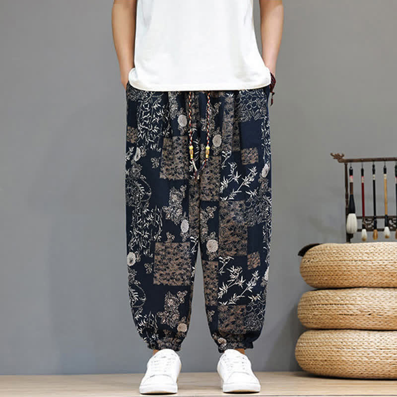 Buddha Stones Summer Casual Boho Drawstring Geometric Elephant Leaves Cropped Pants Men's Harem Pants With Pockets - image 15