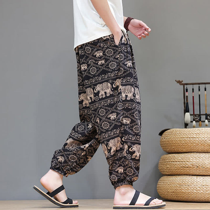 Buddha Stones Summer Casual Boho Drawstring Geometric Elephant Leaves Cropped Pants Men's Harem Pants With Pockets - image 24