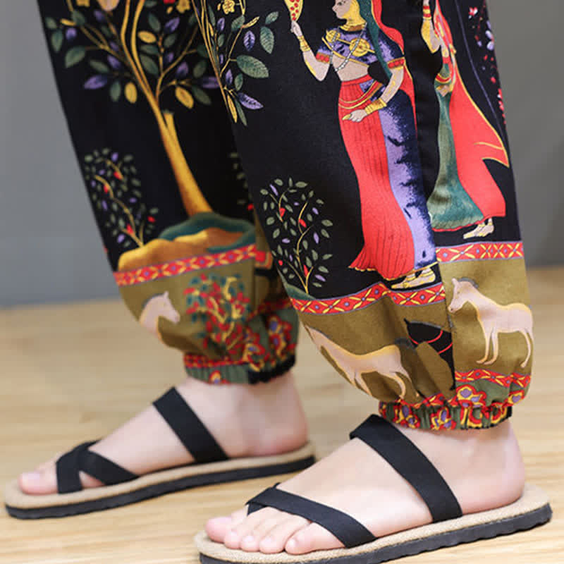 Buddha Stones Summer Casual Boho Drawstring Geometric Elephant Leaves Cropped Pants Men's Harem Pants With Pockets - image 41