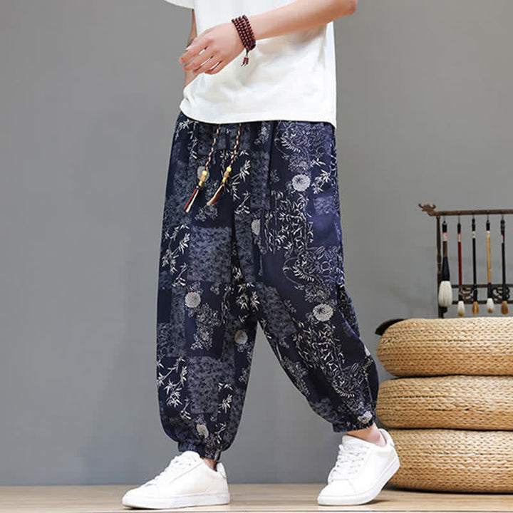 Buddha Stones Summer Casual Boho Drawstring Geometric Elephant Leaves Cropped Pants Men's Harem Pants With Pockets - MidnightBlue - US/UK/AU46, EU56 (5XL) - image 0
