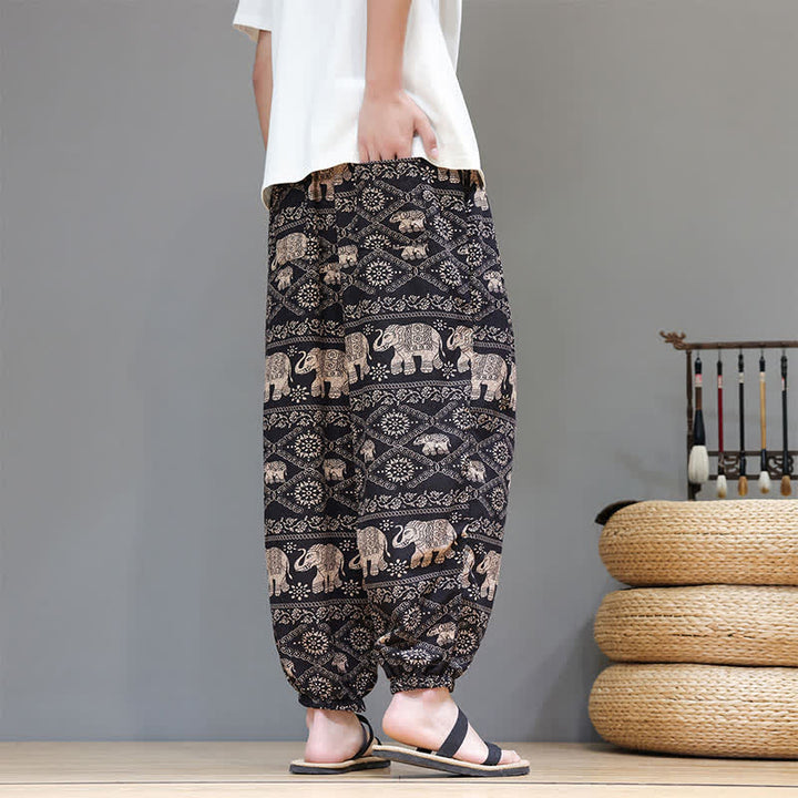 Buddha Stones Summer Casual Boho Drawstring Geometric Elephant Leaves Cropped Pants Men's Harem Pants With Pockets - image 26