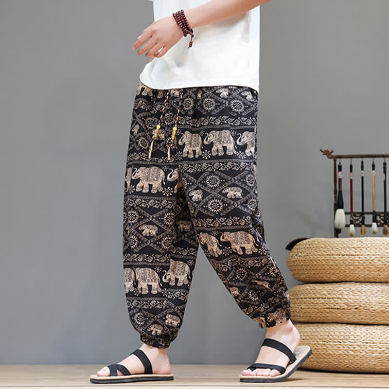 Buddha Stones Summer Casual Boho Drawstring Geometric Elephant Leaves Cropped Pants Men's Harem Pants With Pockets - image 28